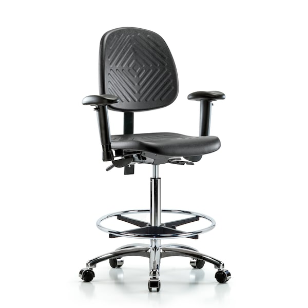 High Bench Chair Ben Chair, Poly, Hi, Med Bk, Chrm, AA CF Cast, Adjustable Arms, Blue, Black