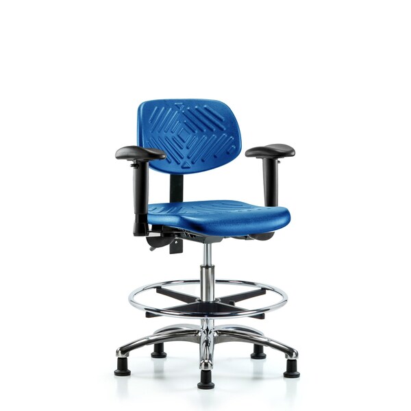 Poly Chair Chrome, Med Bench, Tilt, Arms, Foot Ring, Glides, Blue