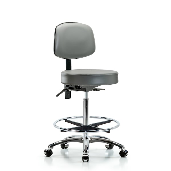 Vinyl Stool, Back, Chrome, High Bench, Tilt, Foot Ring, Casters, Sterling