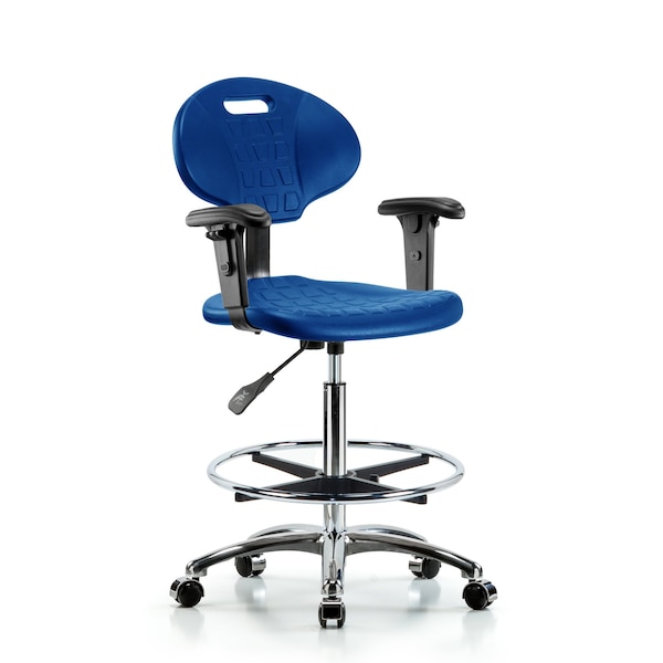 Erie Poly Chair Chrome, High Bench, Foot Ring, Arms, Chrome Casters, Blue