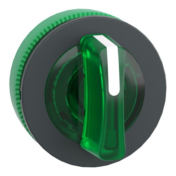 Head for illuminated selector switch, Harmony XB5, plastic, green handle, universal LED, 3 positions, left to center