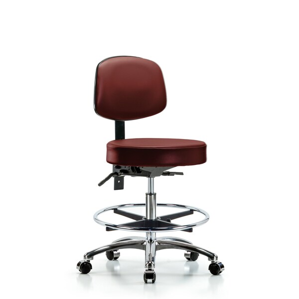 Vinyl Stool, Back, Chrome, Med Bench, Tilt, Foot Ring, Casters, Taupe