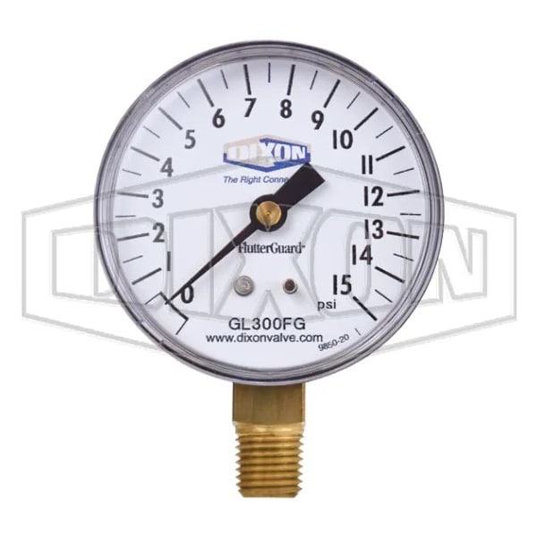 FlutterGuard Dry Gauge, 0 to 15 psi, 1/4 in Connection, 2-1/2 in Dial, +/- 3-2-3 %