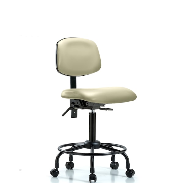 Bench Chair, Vinyl, RT, Casters, Wht, No Arms, 22" to 29" Height, Adobe White