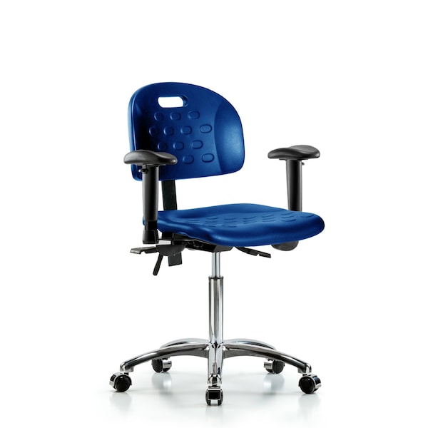 Poly Chair Chrome, Med Bench, Tilt, Arms, Casters, Blue