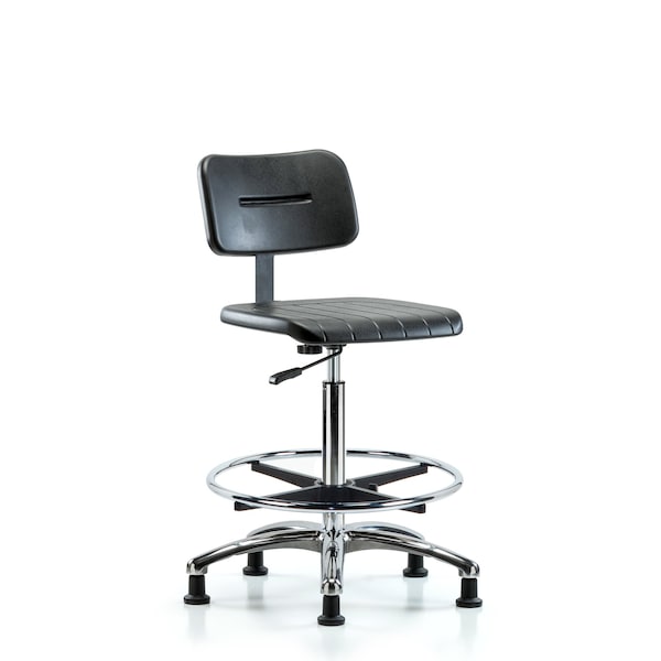 Basic Poly Hi Bench Chair, Chrm, CF, Glides, Polyurethane, Chrome, 24-1/2" to 33-1/2" Seat Height