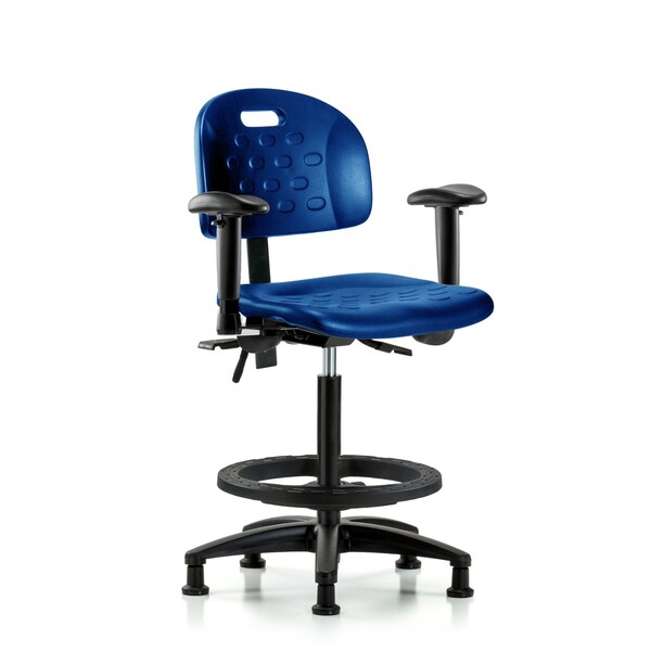 Poly Chair, High Bench, Tilt, Arms, Foot Ring, Glides, Blue