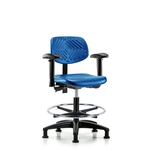 Poly Chair, Med Bench, Arms, Foot Ring, Glides, Blue