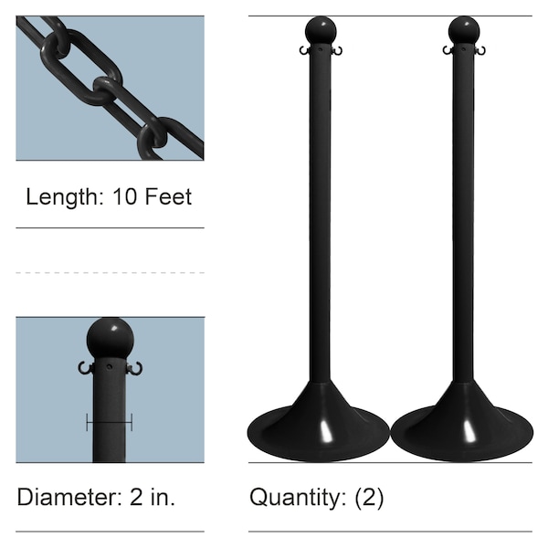 Black Light Duty Stanchion & Chain Kit (2-Pack)