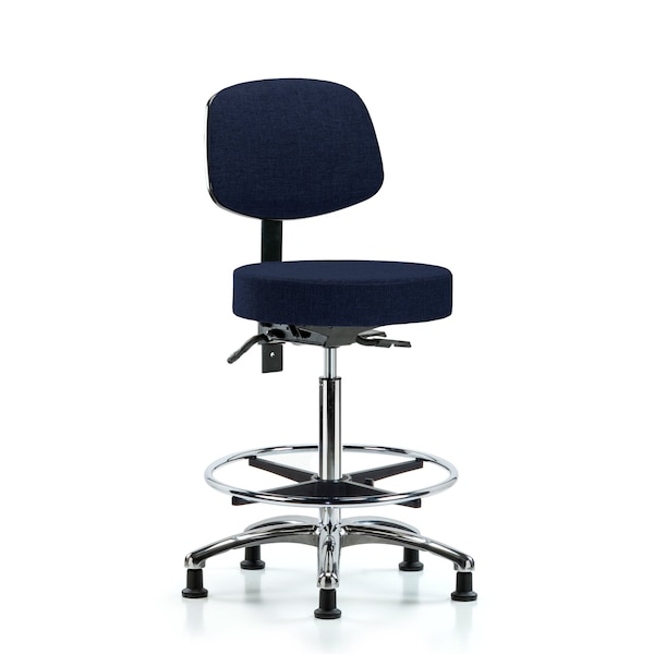 Bench Stool, Hi, Fabric, Bk, CF, Glides, Nav, Seat Height Range: 25" to 35"