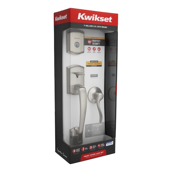Single Cylinder Exterior Handleset, Tustin Lever Trim, SmartKey, RCAL Latch, Satin Nickel Finish