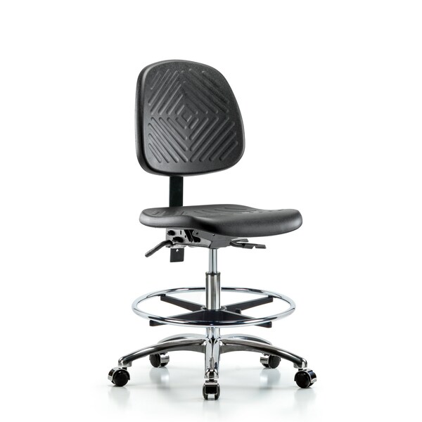 Bench Chair, Poly, Med, Bk, Chrome, CF Cast, No Arms, 19-1/2" to 27-1/2" Height, Black; Blue