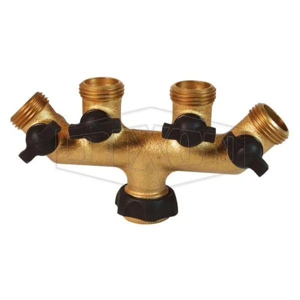 The Right Connection 4-Valve Standard Flow Garden Hose Manifold with Black Knobs, Swivel Inlet, For