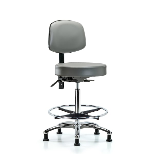 Vinyl Stool, Back, Chrome, High Bench, Tilt, Foot Ring, Glides, Sterling