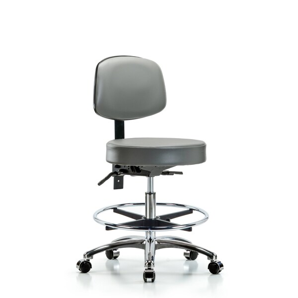 Vinyl Stool, Back, Chrome, Med Bench, Tilt, Foot Ring, Casters, Sterling