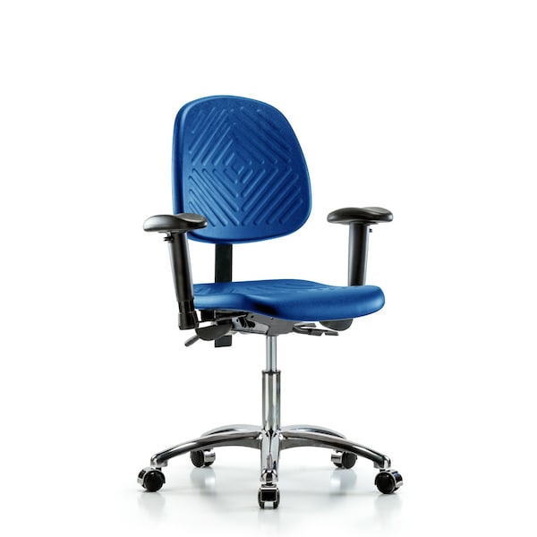 Poly Chair Chrome, Desk, Med Back, Arms, Casters, Blue