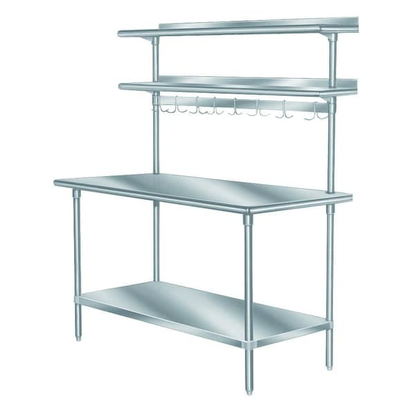 Overshelf, table mounted, single, 120 in.W x 15 in.D, stainless steel, uprights of shelf