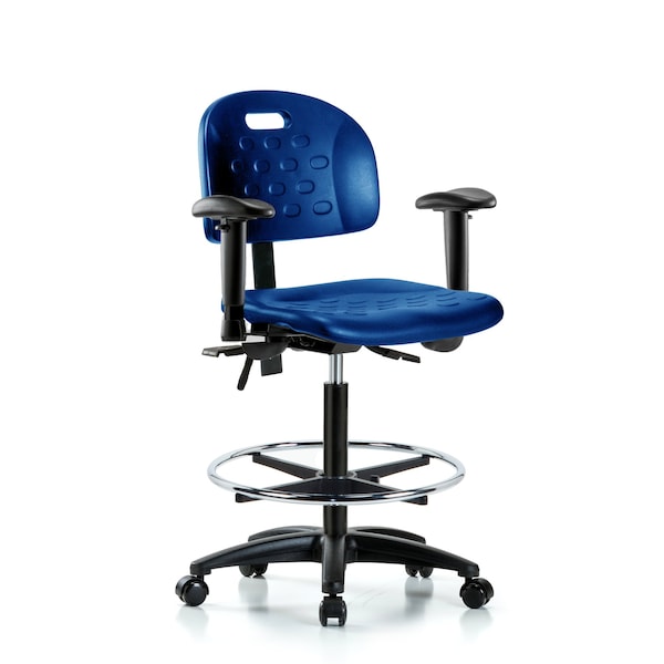 Poly Chair, High Bench, Arms, Foot Ring, Casters, Blue