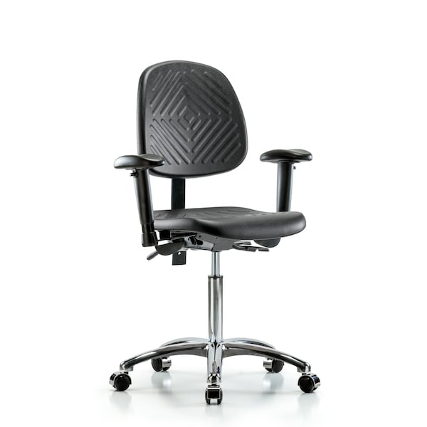 Bench Chair, Poly, Med, Bk, Chrome, AA Cast, 6-Way Adjustable, 19-1/2" to 27-1/2" Height, Black; Blue