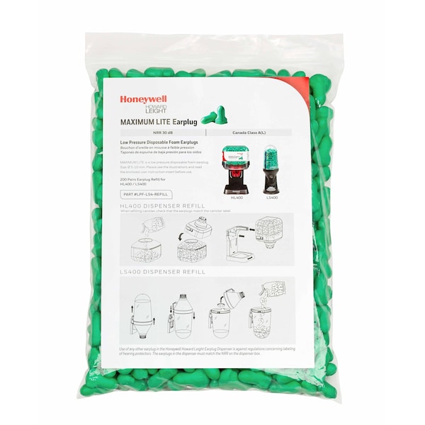 MAXIMUM LITE Disposable Foam, Ear Plug Dispenser Refill, Uncorded, 30 dB, Green