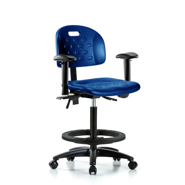 Poly Chair, High Bench, Arms, Foot Ring, Casters, Blue