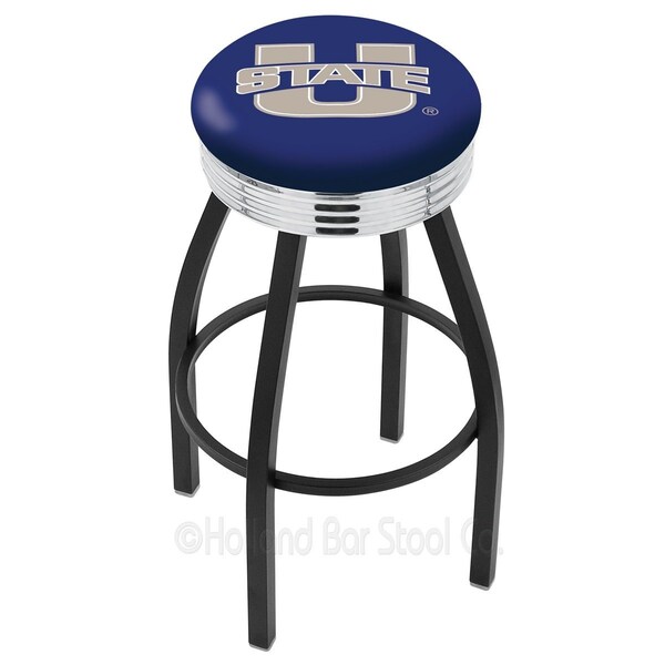 25" Blk Wrinkle Utah State Swivel Bar Stool, Chrome Ring