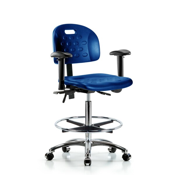 Poly Chair Chrome, High Bench, Tilt, Arms, Foot Ring, Casters, Blue
