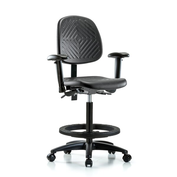 Bench Chair, Hi, Poly, Med, Bk, AA BF Casters, 6-Way Adjustable, 24-1/2" to 33-1/2" Height, Blue, Black