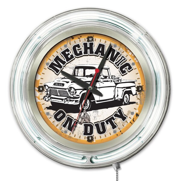 Mechanic on Duty Double Neon Ring, 15" dia. Logo Clock