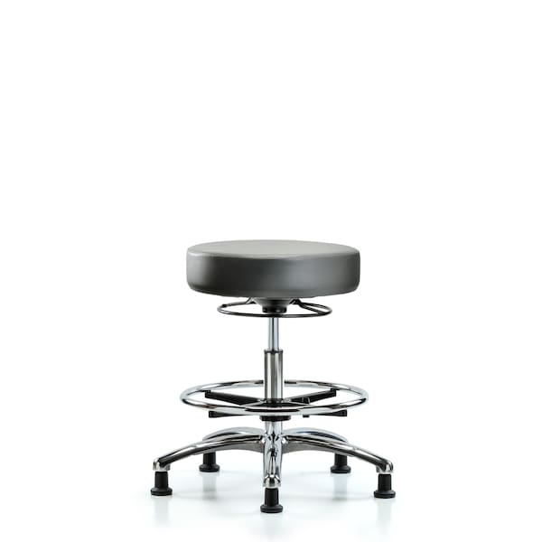Vinyl Stool, Chrome, Med Bench, Foot Ring, Glides, Sterling
