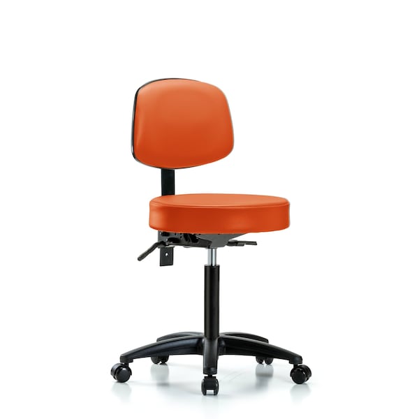 Bench Stool, Med, Vinyl, Bk, Casters, Orange
