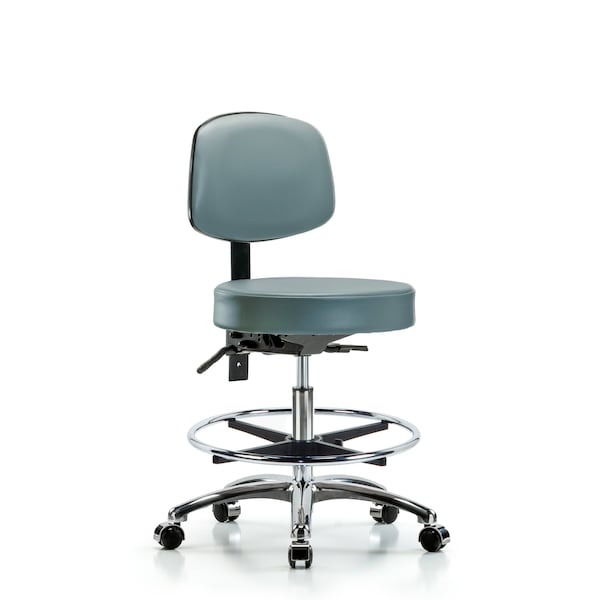 Vinyl Stool, Back, Chrome, Med Bench, Tilt, Foot Ring, Casters, Storm