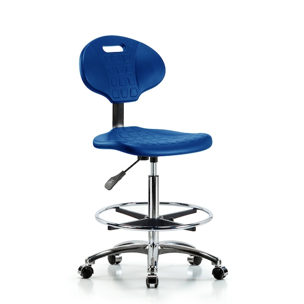 Erie Poly Chair Chrome, High Bench, Foot Ring, Chrome Casters, Blue