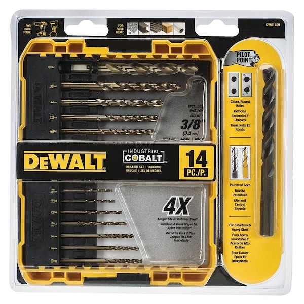 DeWALT DWA1240/DW1263 Industrial Drill Bit Set, Cobalt Steel, Gold, Ferrous Oxide, 14-Piece