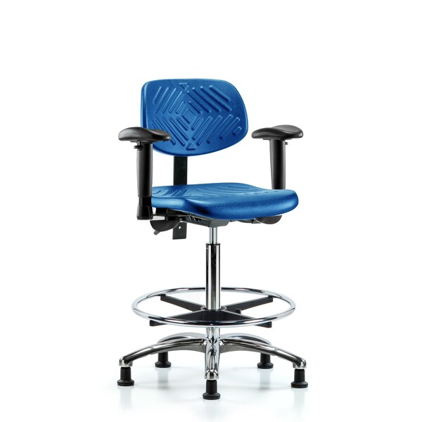 Poly Chair Chrome, High Bench, Arms, Foot Ring, Glides, Blue