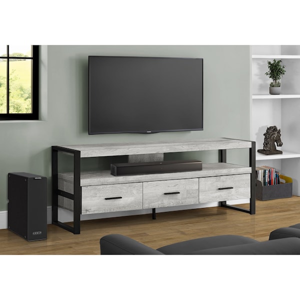 Tv Stand, 60 Inch, Console, Storage Drawers, Living Room, Bedroom, Metal, Grey