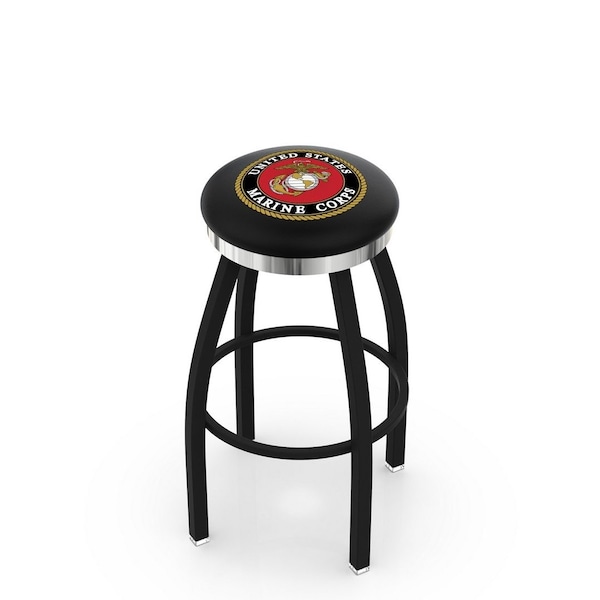 25" Blk Wrinkle U.S. Marines Swivel Bar Stool, Chrome Ring