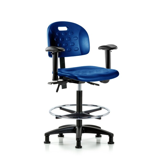 Poly Chair, High Bench, Tilt, Arms, Foot Ring, Glides, Blue