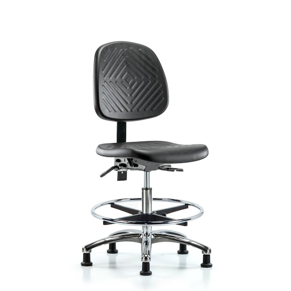 Bench Chair, Poly, Med, Bk, Chrome, CF Glides, No Arms, 19-1/2" to 27-1/2" Height, Black; Blue