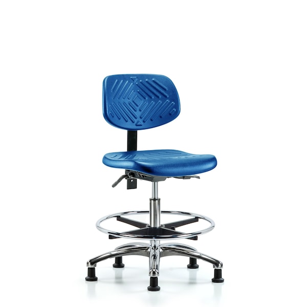 Poly Chair Chrome, Med Bench, Tilt, Foot Ring, Glides, Blue