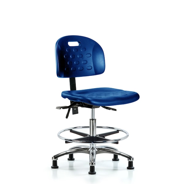 Poly Chair Chrome, Med Bench, Tilt, Foot Ring, Glides, Blue