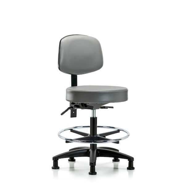 Vinyl Stool, Back, Med Bench, Foot Ring, Glides, Sterling