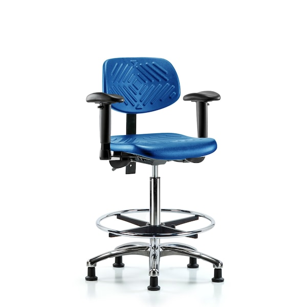 Poly Chair Chrome, High Bench, Tilt, Arms, Foot Ring, Glides, Blue