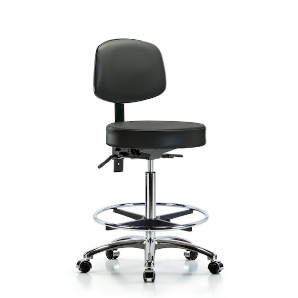 Vinyl Stool, Back, Chrome, High Bench, Foot Ring, Casters, Carbon