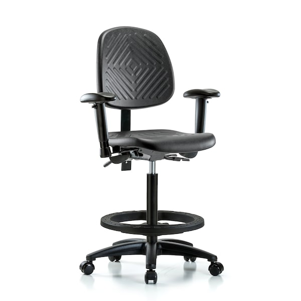 Bench Chair, Hi, Poly, Med, Bk, Tilt, AA, BFCst, 6-Way Adjustable, 24-1/2" to 33-1/2" Height, Blue, Black